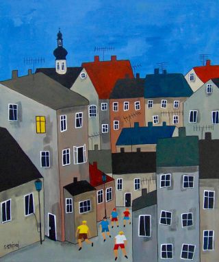 Stínadla, 50x60 cm, akryl na plátně. Červená čepice, žluté tričko a parta pěti dobrodruhů… připomíná vám to něco? 🚲📖...