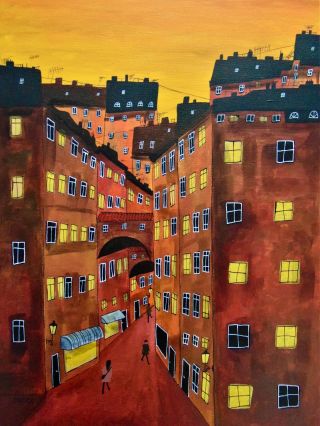 Ulička v podvečer, 50×70 cm, akryl na plátně.💛 S přicházející zimou se stmívá dřív a okna domů se rozsvěcují o něco dříve....